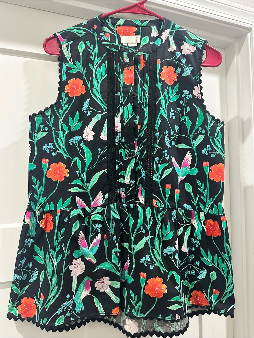 kate spade Black Floral & Hummingbird Sleeveless Peplum Top
